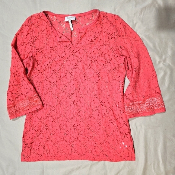 Laundry by Shelli Segal Crochet Lace Tunic M – Coral Sheer ¾ Sleeve Boho Chic - Picture 2 of 14
